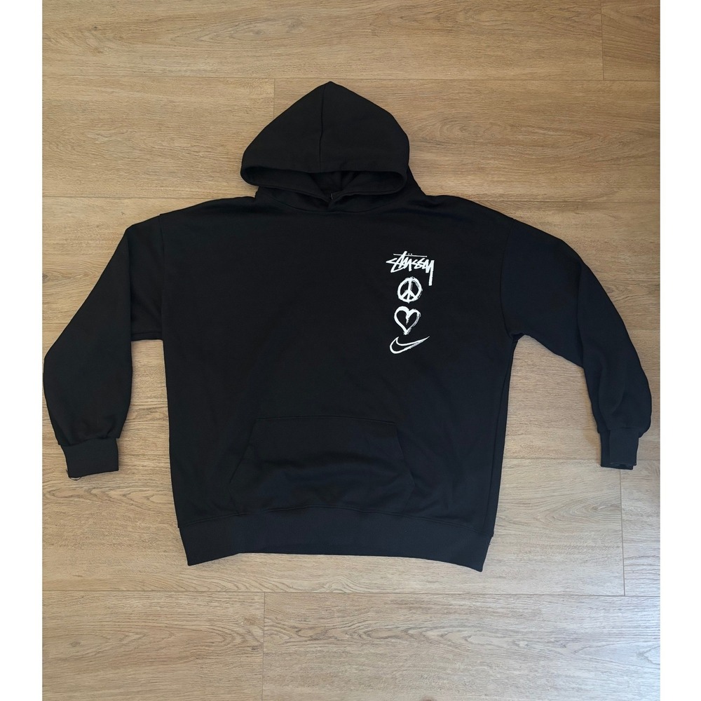 Stussy Basic Logo Hoodie Black Cotton Pullover Sweatshirt Mens Medium